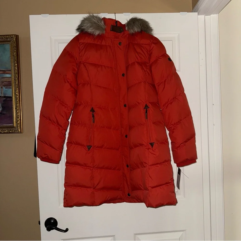 Lauren Ralph Lauren Orange Puffer Coat with Faux Fur Trim Hood - Picture 2 of 9